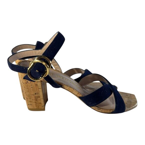 Stuart Weitzman Analeigh 75 Suede Sandal Navy Size 8.5 European Summer Chic Cork - Picture 8 of 10